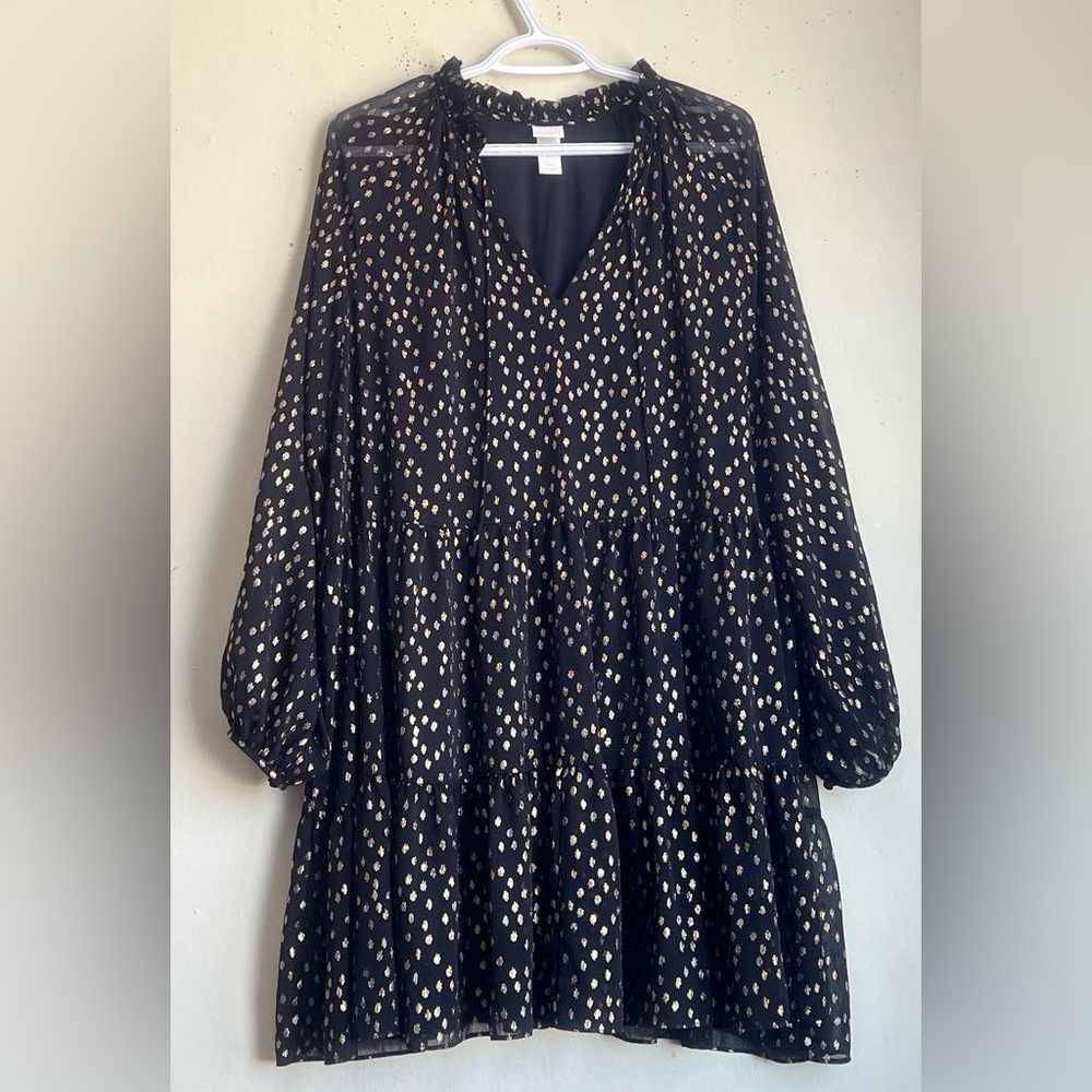 H&M Black and Gold V-Neck Bishop Sleeve Sundress